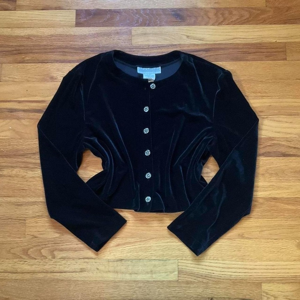 Vintage 90s Black Velvet Cardigan With Rhinestone Buttons Size 18 Whimsygoth